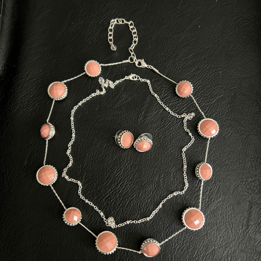 Vtg Napier Silver Tone Coral Necklace Earring 3 Pc Set 16-20" Cottagecore